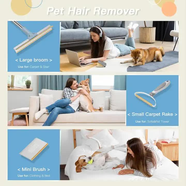 Pet Hair Removal Tool Set - Multi-Purpose Sweeper with Scraper and Handheld Fur Remover Grey