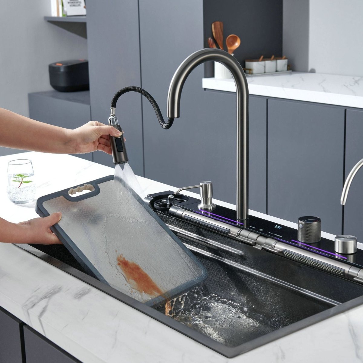 2024 80x45cm Blue Whale Integrated Waterfall Kitchen Sink Honeycomb Technology Large Digitial Display Stainless Steel Water Filter Cup Washer