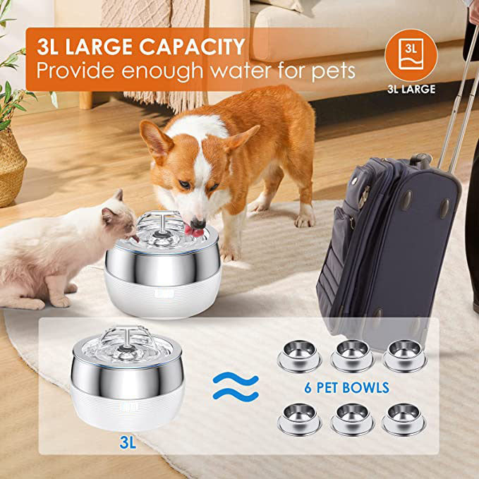 YES4PETS 3L Automatic Electric Pet Water Fountain Dog Cat Stainless Steel Feeder Bowl Dispenser White