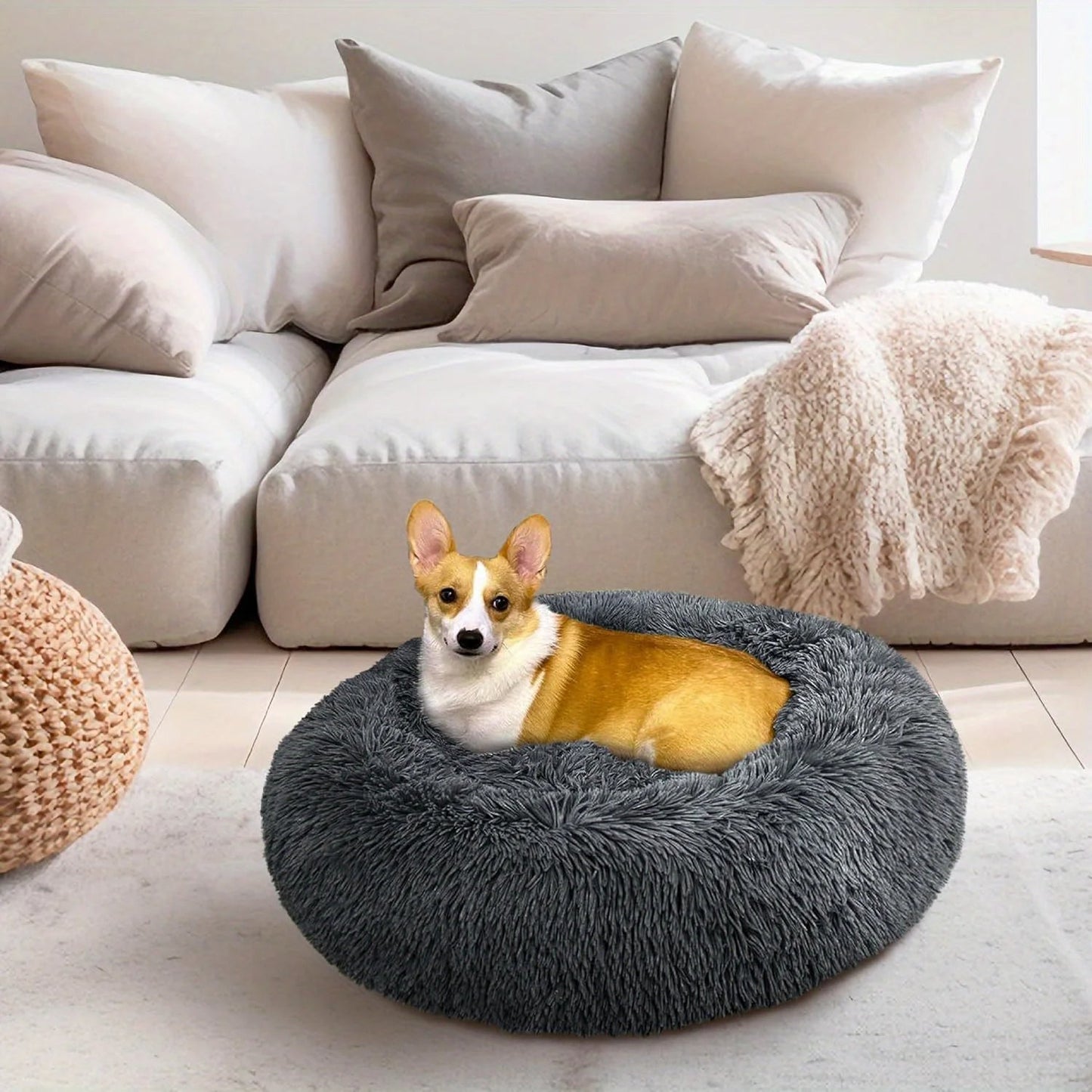 Medium-50cm Dark Gray PawfectFriend Dog Pet Cat Calming Bed Plush Beds Large Fluffy Donut Comfy Cushion Puppy Mat