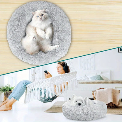 Large-60cm peach PawfectFriend Dog Pet Cat Calming Bed Plush Beds Large Fluffy Donut Comfy Cushion Puppy Mat