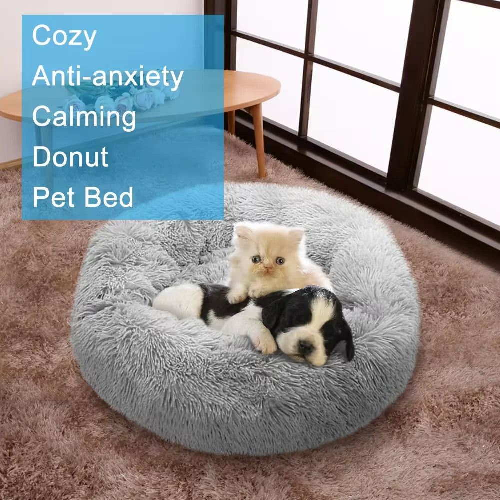 XL-70cm cream PawfectFriend Dog Pet Cat Calming Bed Plush Beds Large Fluffy Donut Comfy Cushion Puppy Mat