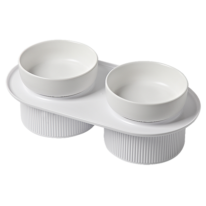 24x Ribbed Ceramic Double Pet Bowl 3pc Set - Emerald