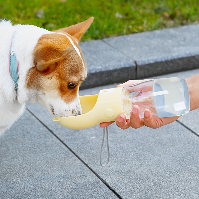 Portable Dog Water Bottle with Bowl Dispenser - 380ml Yellow Pet Travel Cup, Leak-proof, One-Hand Operation