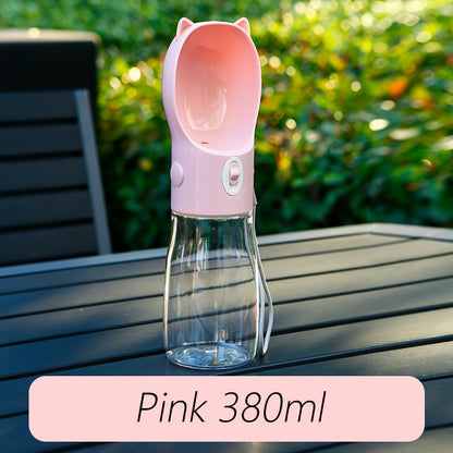 Portable Dog Water Bottle with Bowl Dispenser-380ml Pink Pet Travel Cup, Leak-proof, One-Hand Operation