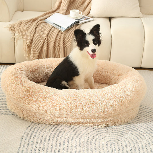 Fluffy Donut-Shaped Pet Bed- Soft, Cozy, and Anti-Anxiety for Dogs and Cats, Machine Washable  Light Brown  Size:S 60*15*18cm