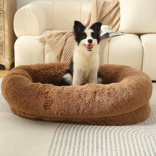 Fluffy Donut-Shaped Pet Bed- Soft, Cozy, and Anti-Anxiety for Dogs and Cats, Machine Washable  khaki  Size:M 75*55*18cm