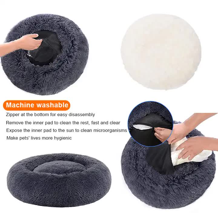 Calming Donut Pet Bed -Soft Faux Fur, Anti-Anxiety Fluffy Round Bed for Cats and Small Dogs (Light Gray)40cm