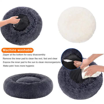 Calming Donut Pet Bed -Soft Faux Fur, Anti-Anxiety Fluffy Round Bed for Cats and Small Dogs (White)40cm