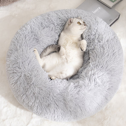 Calming Donut Pet Bed -Soft Faux Fur, Anti-Anxiety Fluffy Round Bed for Cats and Small Dogs (White)50cm