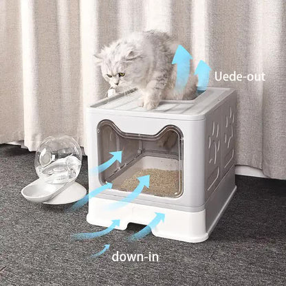 Foldable Cat Litter Box with Pull-Out Tray -Easy Cleaning and Anti-Splash Design Blue 51*41*38cm