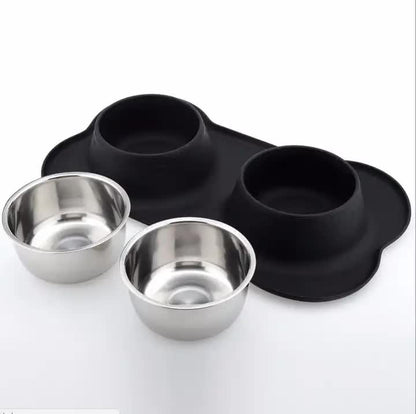 Non-Slip Stainless Steel Double Pet Bowl Set with Spill-Resistant Silicone Mat 45*27cm Black