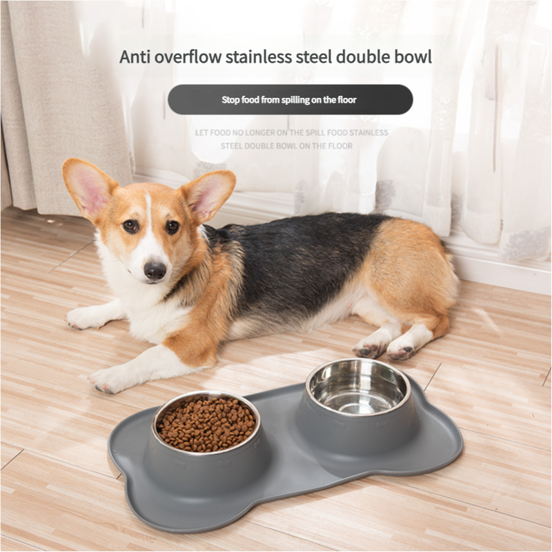 Non-Slip Stainless Steel Double Pet Bowl Set with Spill-Resistant Silicone Mat 45*27cm Grey