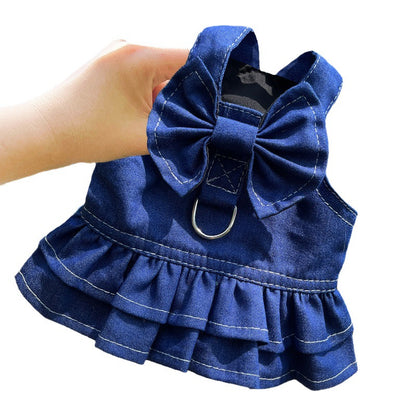 Pet Denim Harness Dress Set (2 Pieces) – 3XL Size (70cm Chest for 20-36 lb Pets) with T-Shirt and Skirt, Bow, and Leash Ring