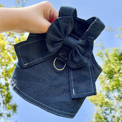 Pet Denim Harness Dress Set (2 Pieces) - M Size (42cm Chest for 5-8 lb Pets) with T-Shirt and Skirt, Bow,and Leash Ring