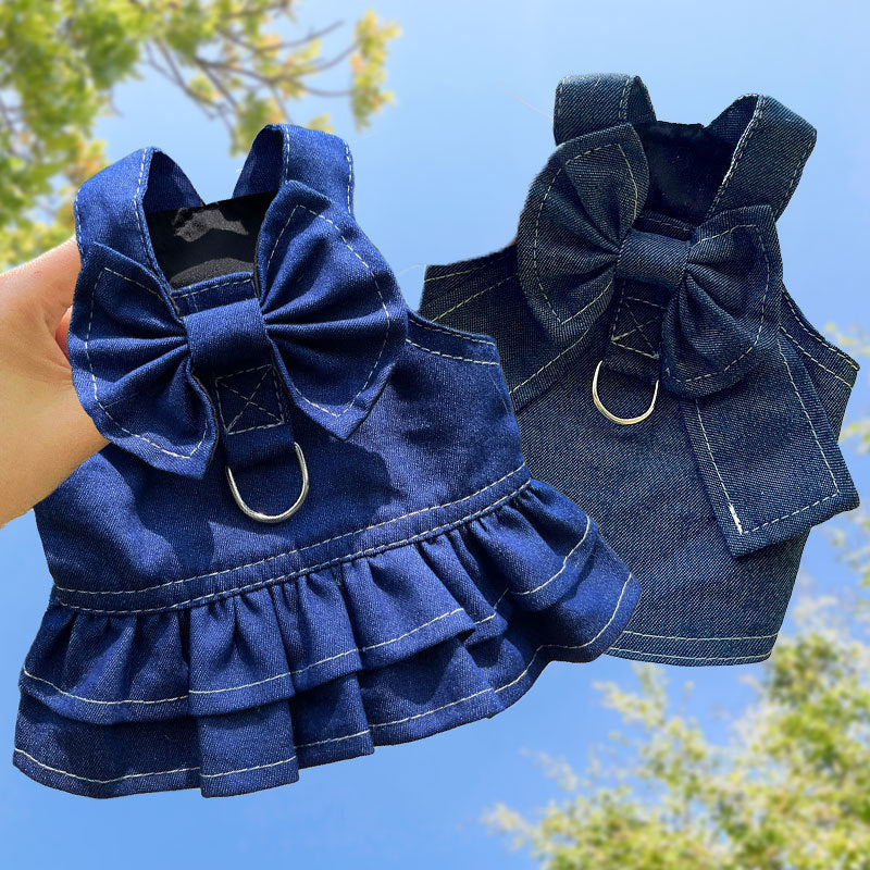 Pet Denim Harness Dress Set (2 Pieces) - XL Size (52cm Chest for 10-14 lb Pets) with T-Shirt and Skirt, Bow,and Leash Ring