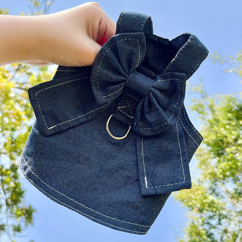 Pet Denim Harness Dress Set (2 Pieces) - 2XL Size (60cm Chest for 14-20 lb Pets) with T-Shirt and Skirt, Bow,and Leash Ring