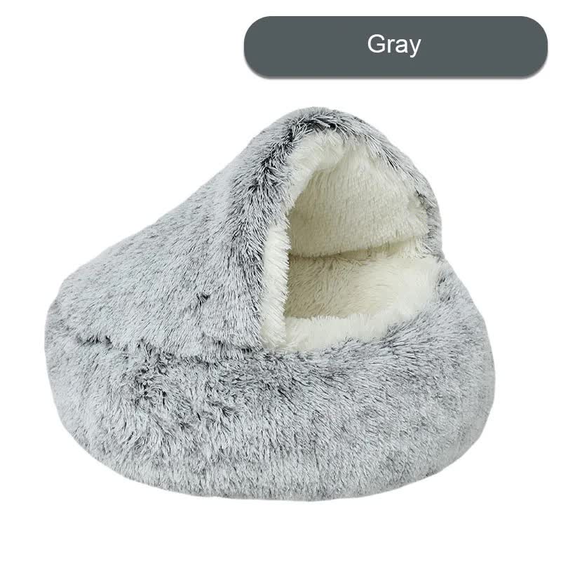 Cozy Gray Plush Hooded Pet Bed - Ultra Soft Long Fur Cave Bed for Small Pets 40cm