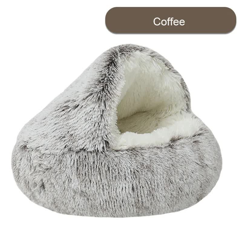 Cozy Coffee Plush Hooded Pet Bed - Ultra Soft Long Fur Cave Bed for Small Pets 40cm