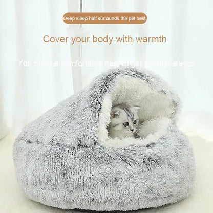 Cozy Coffee Plush Hooded Pet Bed - Ultra Soft Long Fur Cave Bed for Small Pets 50cm