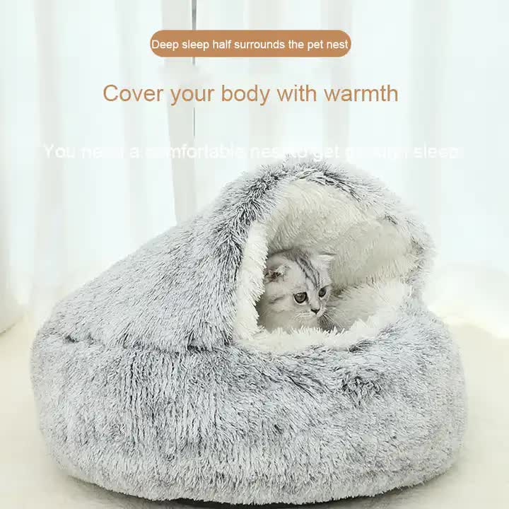 Cozy Gray Plush Hooded Pet Bed - Ultra Soft Long Fur Cave Bed for Small Pets 50cm