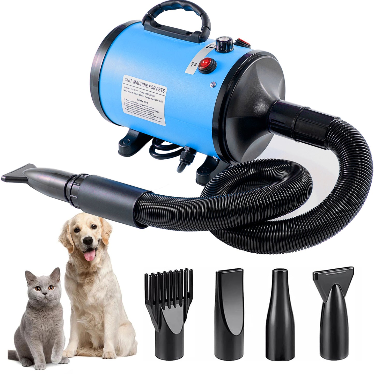 Pet Hair Dryer with Multiple Nozzles - Powerful and Quiet for Dogs and Cats (Blue)