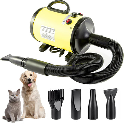 Pet Hair Dryer with Multiple Nozzles - Powerful and Quiet for Dogs and Cats (Yellow)