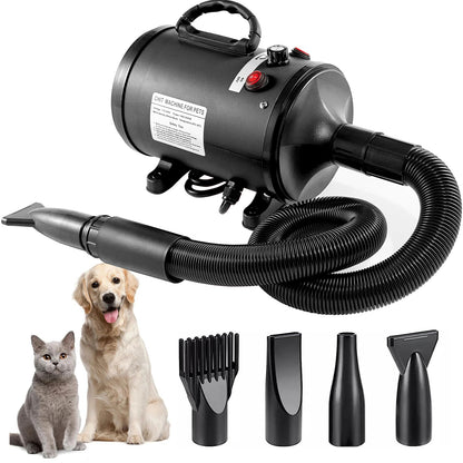 Pet Hair Dryer with Multiple Nozzles - Powerful and Quiet for Dogs and Cats (Black)