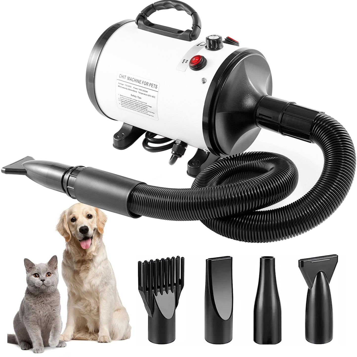 Pet Hair Dryer with Multiple Nozzles - Powerful and Quiet for Dogs and Cats (White)