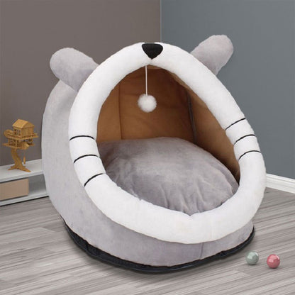 Gray Totoro Half-Enclosed Cat Bed - Soft Short Velvet Fabric with Sponge + PP Cotton Filling, M Size (35x35x30cm)