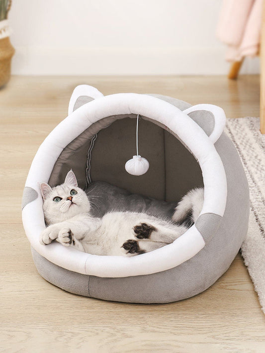 Gray Half-Enclosed Cat Bed - Soft Short Velvet Fabric with Sponge + PP Cotton Filling, M Size (35x35x30cm)