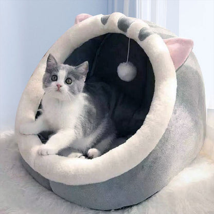 Gray Half-Enclosed Cat Bed - Soft Short Velvet Fabric with Sponge + PP Cotton Filling, S Size (28x28x30 cm)