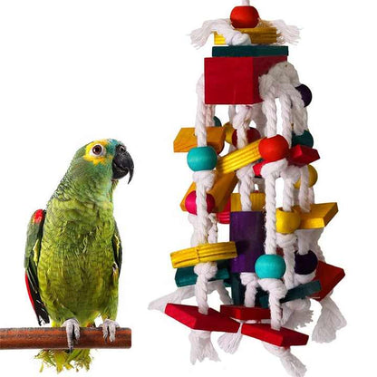 Colorful Parrot Toy with Wooden Beads, Blocks, and Cotton Rope - Chewing and Climbing Fun for Birds