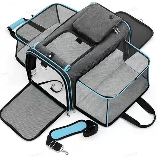 Gray Blue Foldable Portable Pet Carrier Bag - Large Capacity Travel Backpack for Cats and Small Dogs, Expandable Car Pet Bag, Handheld Pet Carrier for Outdoor Adventures